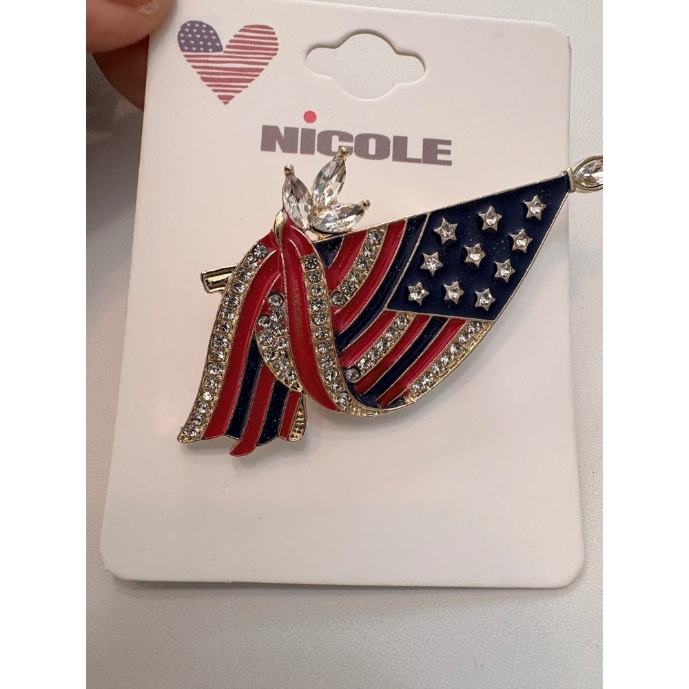 Nicole American Flag Brooch Rhinestone Enamel Patriotic Red White Blue Pin NEW